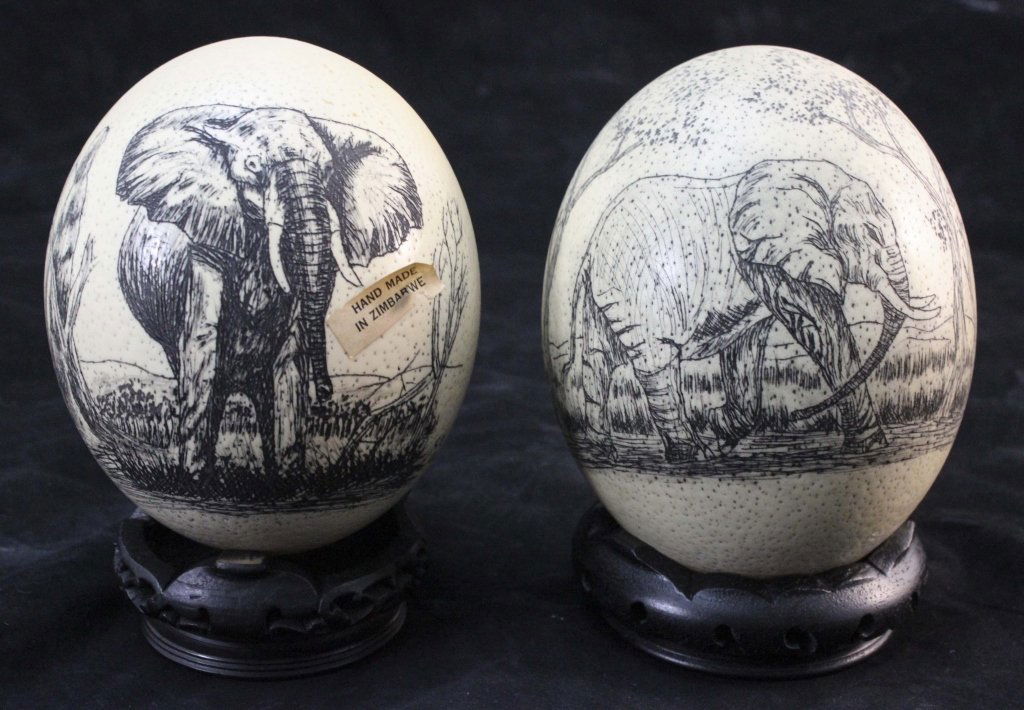 2 Elephant Decorated Carved African Ostrich Eggs Jun 23 2013