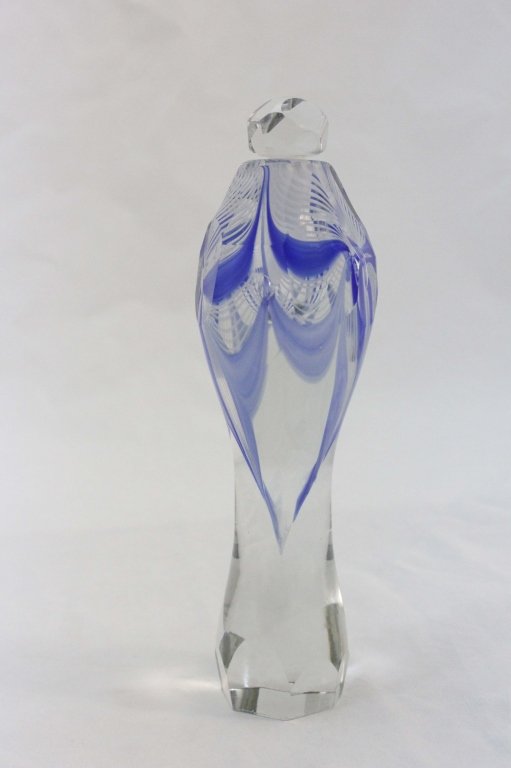 Brian Maytum Signed Art Glass Perfume Bottle: Brian Maytum signed art glass perfume bottle with feathered blue and white glass. Signed, dated and numbered Brian Maytum, 1981 C5FB-212 on bottom. Measurements: 2.75"d x 9.5" Period: 20th Century Art