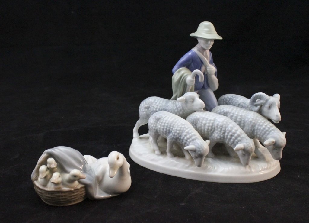 Lladro Duckling Figurine and Shepherd with Flock: Lladro duckling porcelain figuring and a Bavarian Porcelain, Gerold Purzellan Barvaria (German, prod. 1904-1997), and stamped Western Germany on the bottom. One sheep has a chip on ear. Duckling: 3.5"