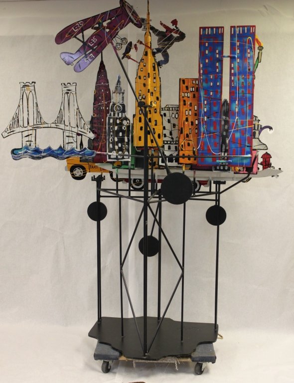 Frederick Prescott 3D Kinetic Sculpture NY Skyline: Frederick Prescott kinetic sculpture of New York City's Skyline including the Twin Towers. Made in 1989. Measurements: 29.5" x 71" x 87" Period: Modern Artist: Frederick Prescott