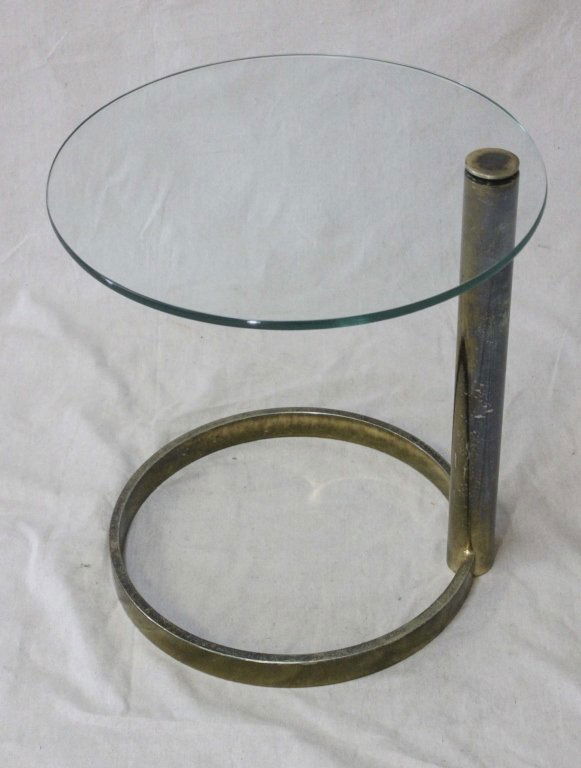 Karl Springer style Brass & Glass Side Table: Brass and glass side table in the manner of Karl Springer. Measurements: 18" x 18" x 20" Period: 20th Century Artist: Attr. Karl Springer