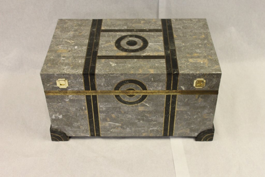 Maitland Smith Carl Springer style Trunk Chest: Maitland Smith Carl Springer style Trunk Chest with fossilized coral and brass accents. minor chip to front Measurements: 18 1/4" x 30" x 16.5" Period: Mid-Century Modern