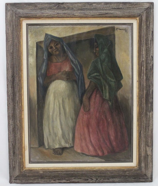 Roberto Montenegro "Women" Signed Oil on Canvas: Roberto Montenegro (Mexico, 1885-1968) "Women" signed and dated oil on canvas of two women. Signed in the upper right "R. Montenegro" and dated '51. Frame measures 25.5" x 2" x 31.5" Measurements: 17.