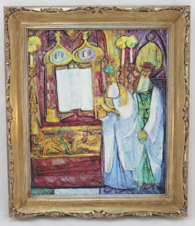 Josi Stern "Bucharian Synagogue" Oil on Canvas: Jose Stern "Bucharian Synagogue" open torah reading signed oil on canvas. Signed in the lower left. Frames measures 25.75" x 2.25" x 29.75". Measurements: 19" x 23" Period: 20th Century Artist: Jose S