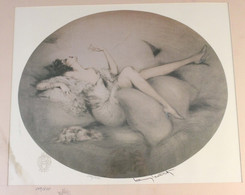 Louis Icart "Cigarette Memories" Signed Litho.: Louis Icart (French 1888 - 1950) "Cigarette Memories" signed in the stone and numbered lithograph. Depicting a woman lounging on a couch with her dog enjoying a cigarette and her memories. Some water 