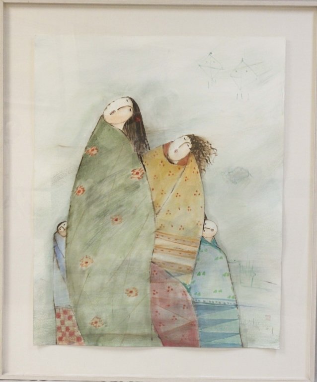 Signed Eng Tay Oil on Paper "Four Singers": Eng Tay (Malaysia B. 1868) Signed oil on paper of "4 singers" in vibrant colors and delicate paint strokes. Painting is signed "Eng Tay" and stamped in the lower right. Frame measures 41" x 2.25" x 49