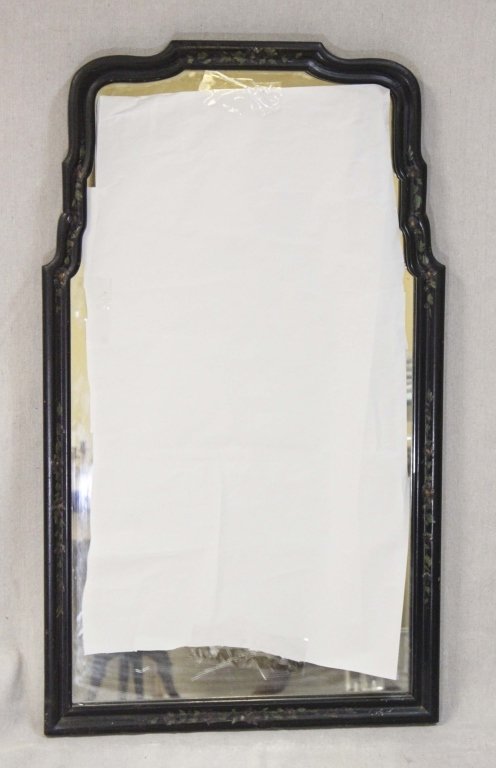 Oriental Hand Painted Lacquered Mirror: Oriental antique mirror with painted lacquer and accents of flowers. Measurements: 20" x 34" Period: Early 20th Century