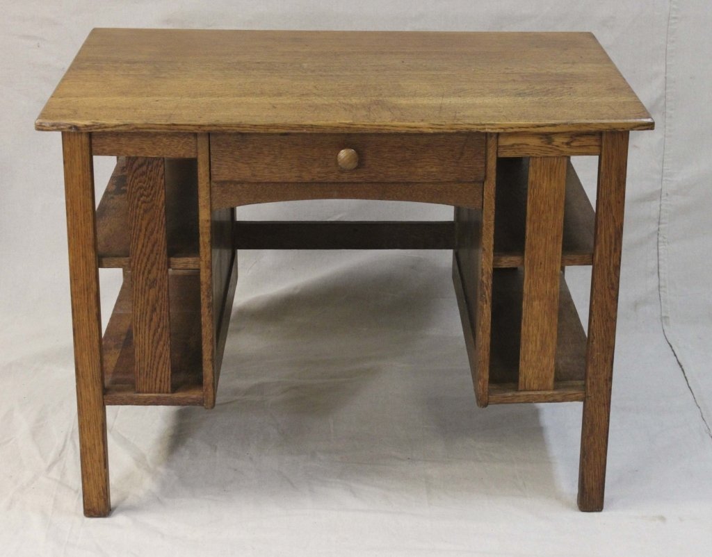 L & JG Stickley Arts & Crafts Desk w/ Bookshelves: L & JG Stickley Arts & Crafts desk with plenty of storage space with bookshelves on the sides and a drawer in the middle. Stamped inside drawer. Measurements: 40" x 26" x 30" Period: Early 20th Centur