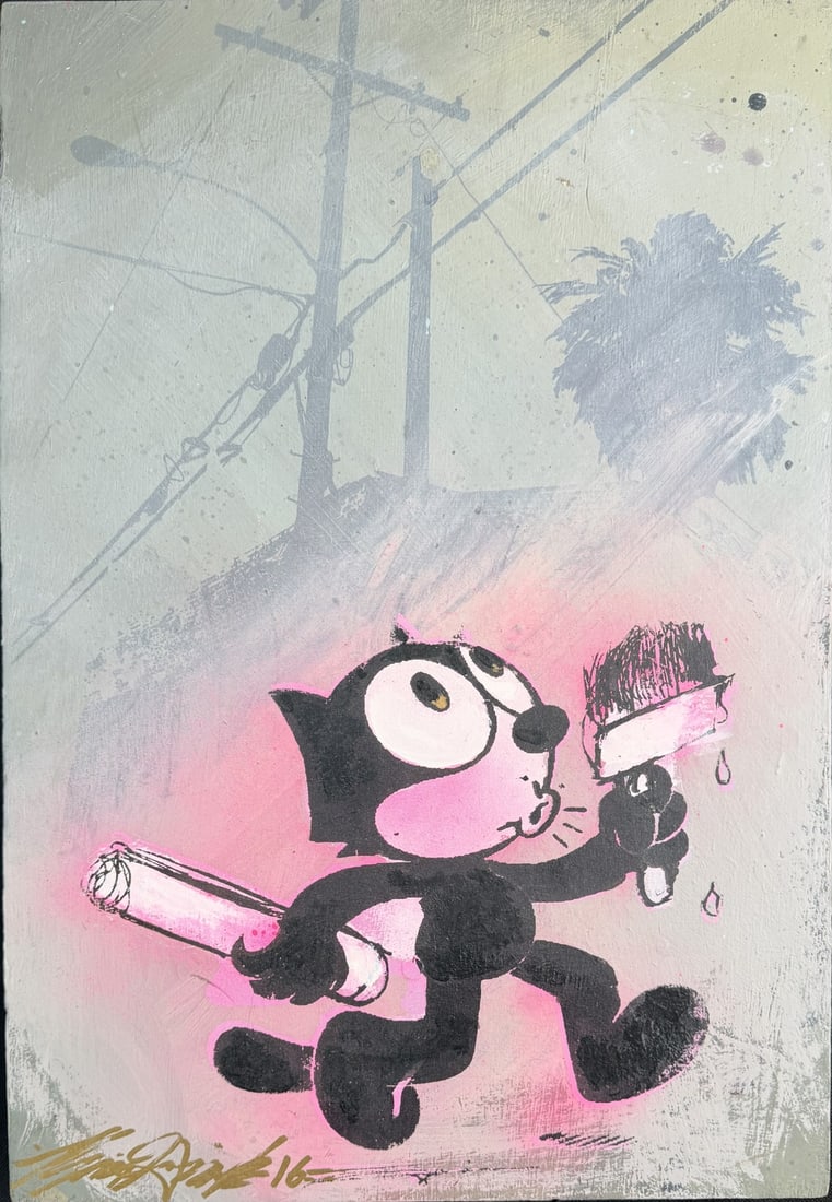 Felix The Cat by Lataco Original 2016: Title: Felix with Paint Roller (Street Art Style)Artist: Lataco (signed)Medium: Mixed media (spray paint & acrylic) on wood panelSignature: Signed "Lataco" on versoDate: Appears circa 2016 (based on