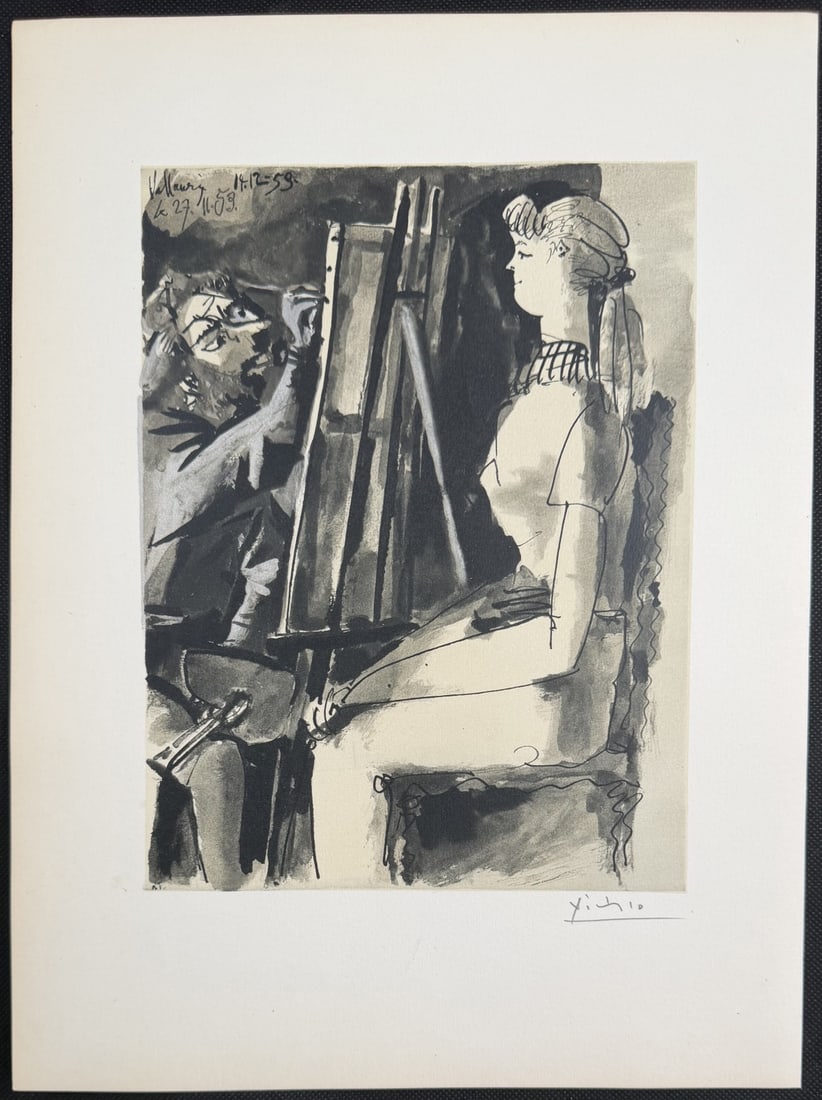 Pablo Picasso Painter & Model (Vallauris): Pablo Picasso (Spanish, 1881–1973). Painter and Model (Vallauris), after a drawing dated 14 December 1958. Original lithograph after Picasso depicting the artist at his easel before a seated fem