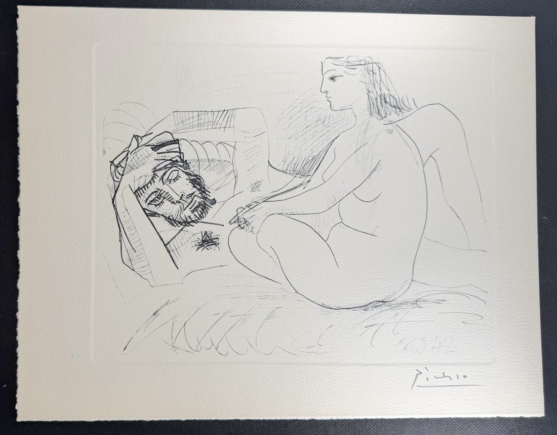 Pablo Picasso Woman with Reclining Beared Man: Pablo Picasso (Spanish, 1881-1973) Woman with Reclining Bearded Figure. After the original drawing dated 1942Color lithograph from Picasso Dessins by Paul Eluard. Published by Les Editions Braun &