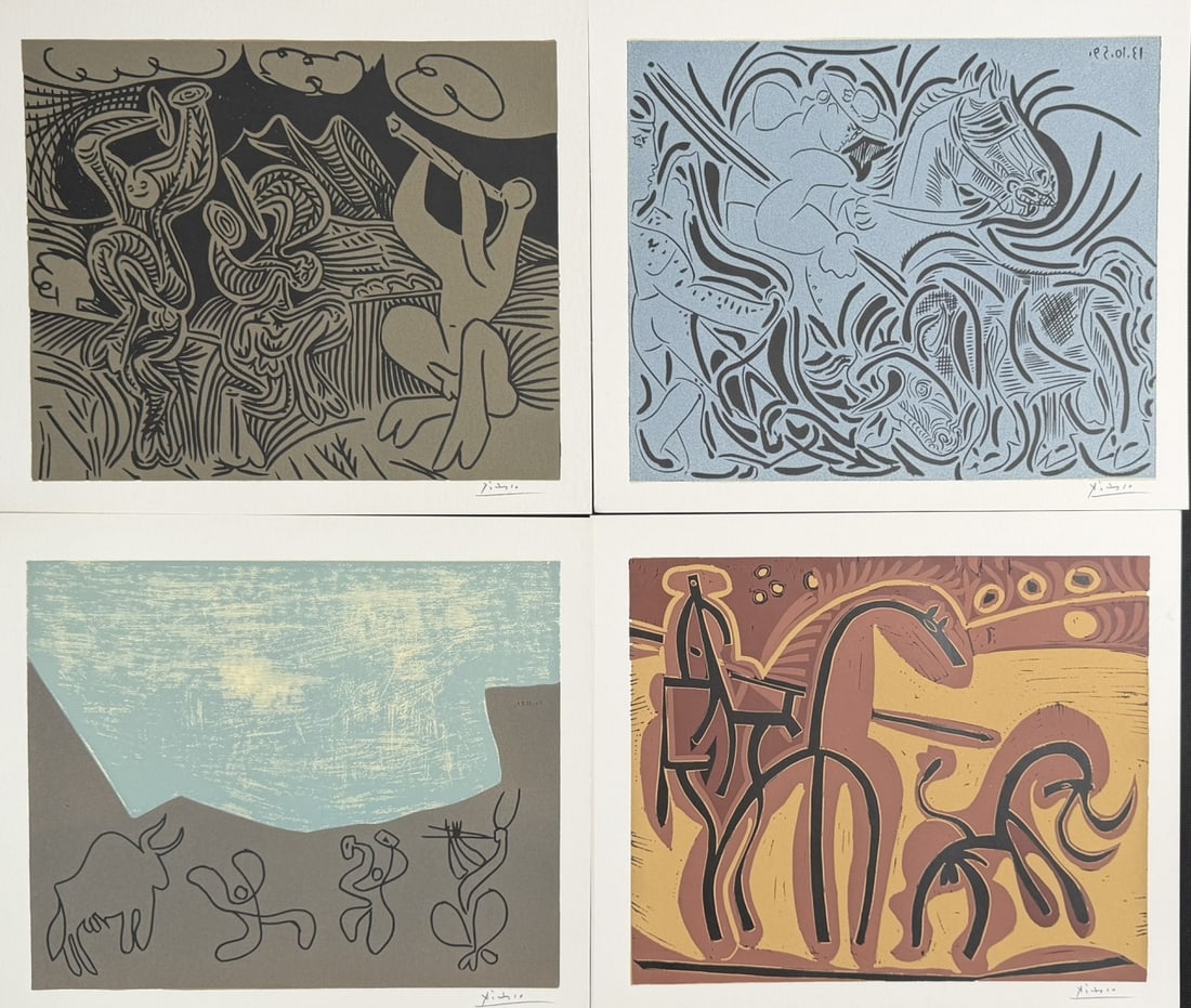 4pc Pablo Picasso 2 Linocuts & 2 Lithos: 4 Pieces Pablo Picasso (Spanish, 1881–1973). Four Picasso pieces comprised of two color linocut and two color lithographic lithographs after original compositions by Pablo Picasso, including