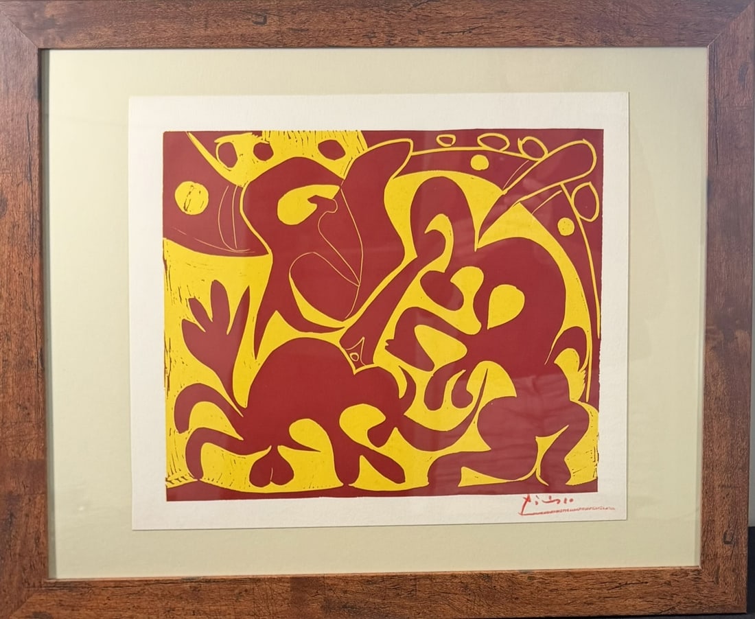 Pablo Picasso Linocut Picador & Bull: Pablo Picasso (Spanish, 1881–1973) linocut "Picador Goading Bull with Matador", dated 1962. Signed in red crayon. Excellent condition. Art measures 14.5" x 12.5", frame measures 22" x 18".