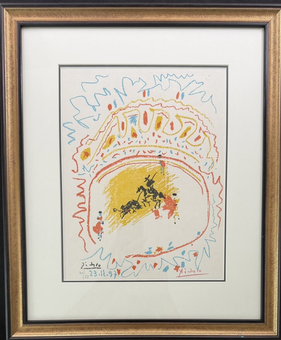 Pablo Picasso LE Lithograph #40/50: Pablo Picasso limited edition lithograph, "Picador and Bull". Numbered 40/50 in pencil. Signed in black crayon. Dated 23-11-57 in stone. Excellent condition. Art measures 9.5" x 12", frame measures