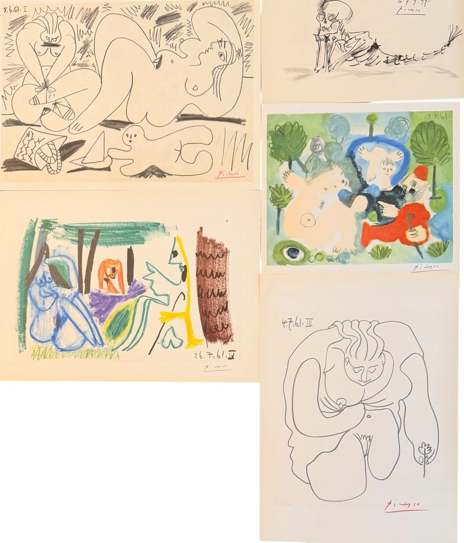 5pc Pablo Picasso Original Lithographs Various: 5 Pieces by Pablo Picasso, original lithographs. All signed Picasso. (1) from Les Dejeuners, 1962, 2 sided, measures 10.5" x 14.5", (1) titled "Le Dejeuner Sur l'herbe" (Luncheon on the Grass), 1961,