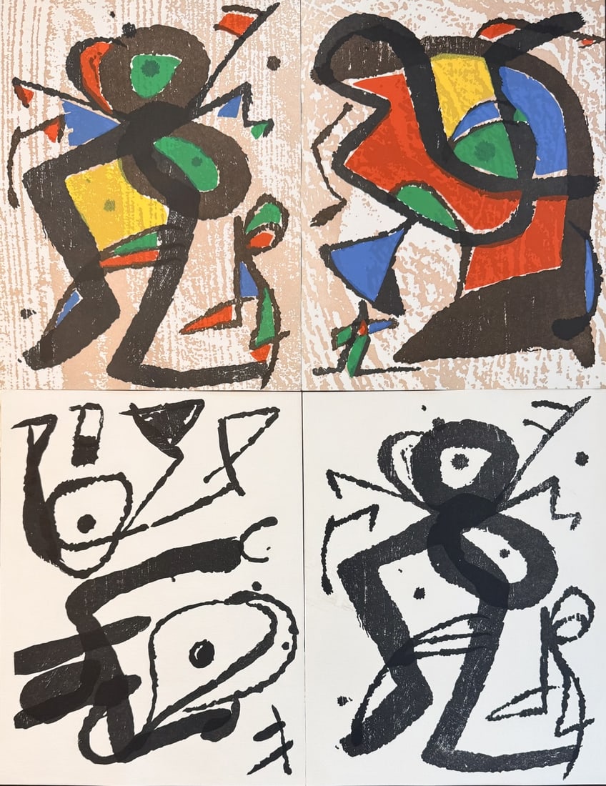 4pc Joan Miro Original Lithographs Color & B&W: Joan Miro Set of 4 Abstract Surrealist Prints Color & Black Line Compositions. Striking set of four prints in the iconic style of Joan Miro. This collection showcases a dynamic mix of bold color