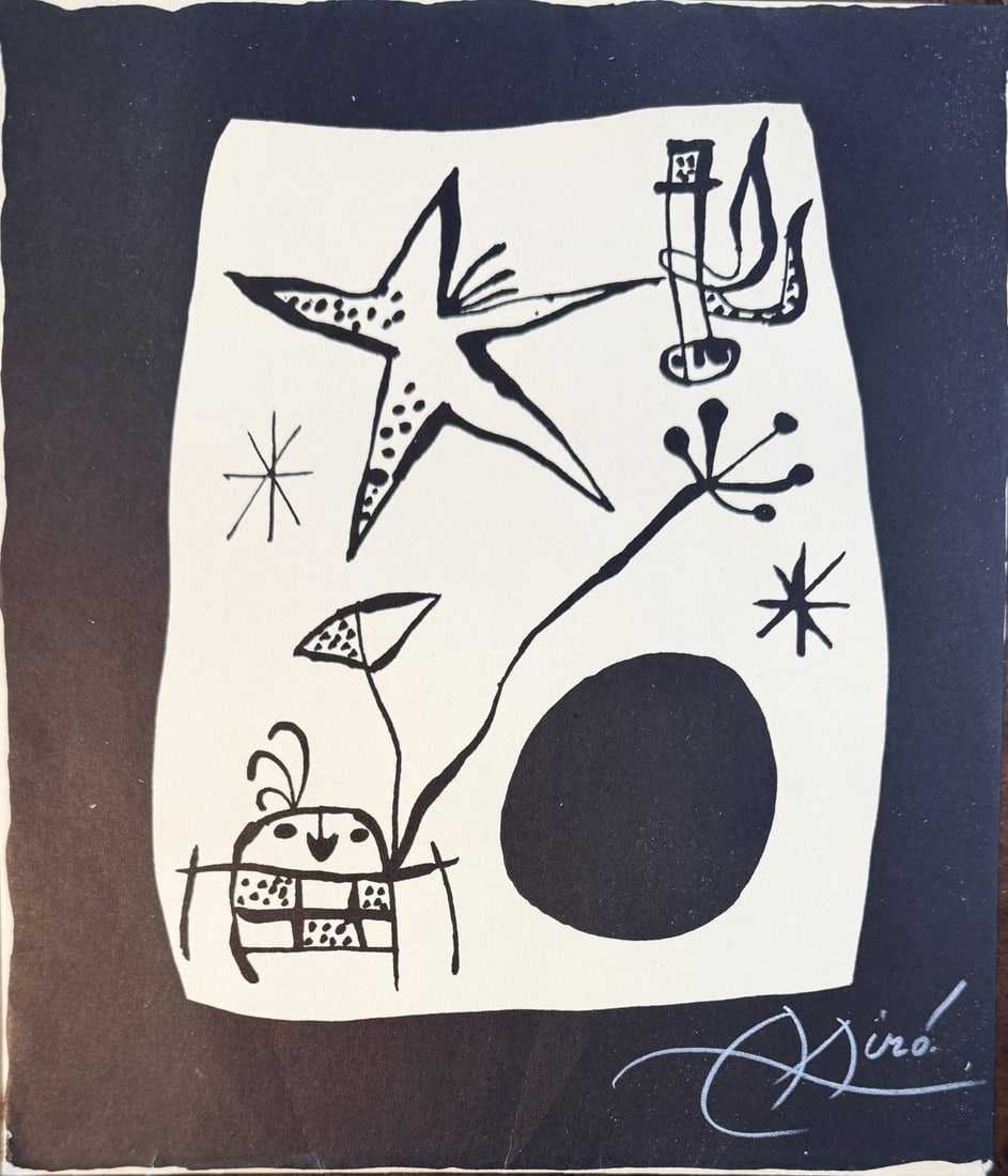 Joan Miro Litho "Jacques Prevert" Portfolio: Joan Miro lithograph, from "Jacques Prevert et G. Ribemont-Dessaignes" portfolio. Maeght Editeur 1956. Black and white lithograph, showcasing whimsical abstract figures, star motifs, and fluid line