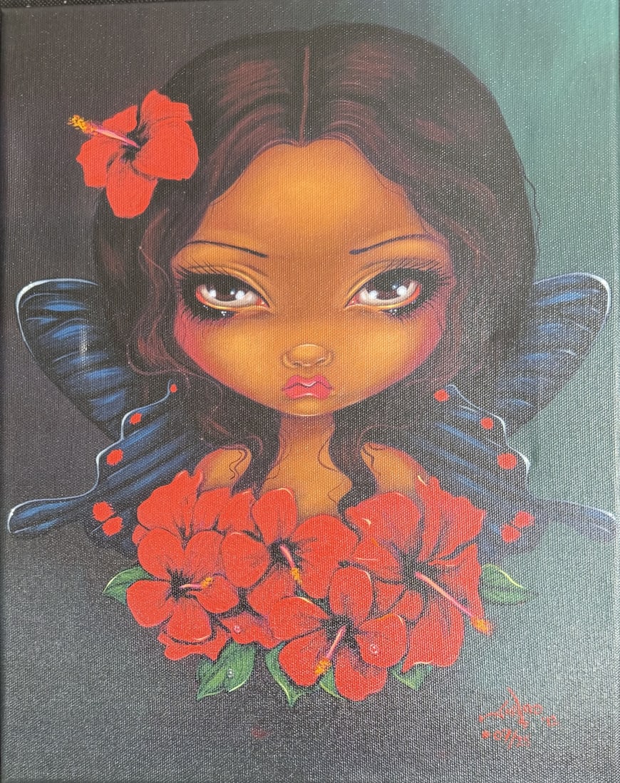 Jasmine Becket-Griffith "Red Hibiscus Fairy" #7/25: Jasmine Becket-Griffith (American, b. 1979), "Red Hibiscus Fairy", 2022, Limited edition hand embellished print on canvas depicting one of the artist's iconic large-eyed fairy figures surrounded by