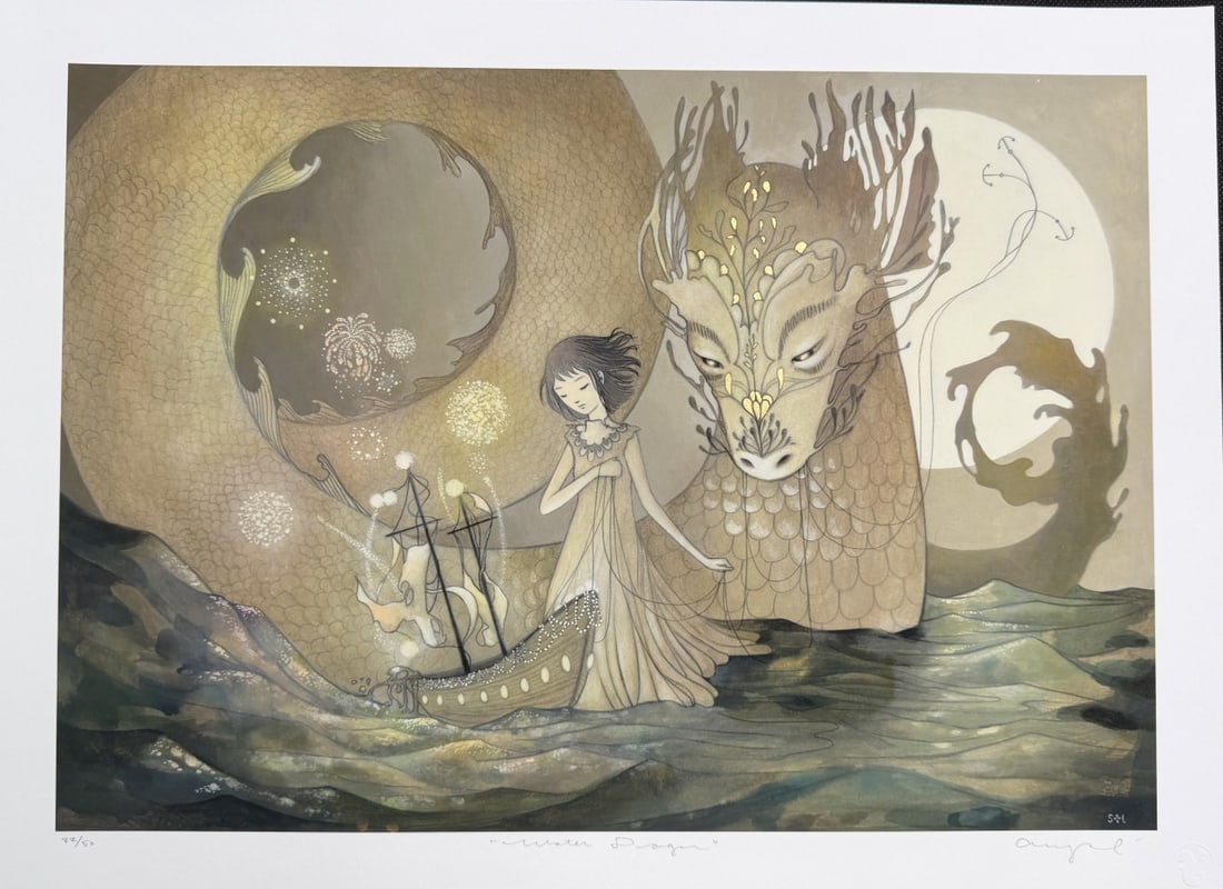 Amy Sol "Water Dragon" LE Giclee 32/50 COA & Seal: Amy Sol (American, b. 1981), Titled "Water Dragon". Hand embellished with gold foil, color archival pigment giclee on 100% cotton archival fine art paper, signed, titled, numbered 32/50, and embossed