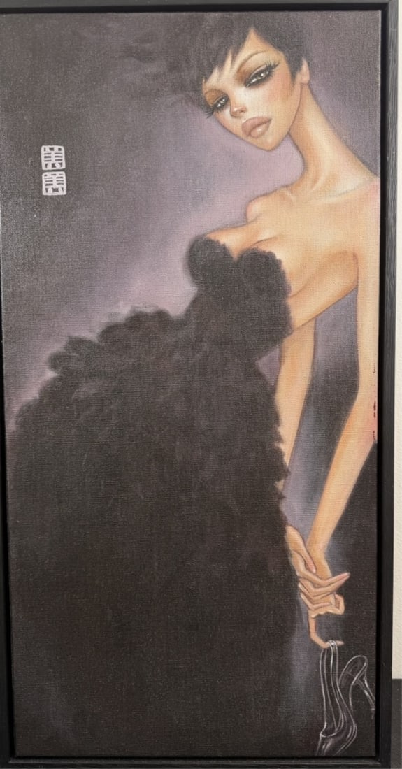 Mimi Yoon: Mimi Yoon (Korean-American, contemporary). Black Dress Series, c. 2007–2012. Oil on canvas.A stylized female figure with elongated neck and fashion-inspired proportions set against a muted