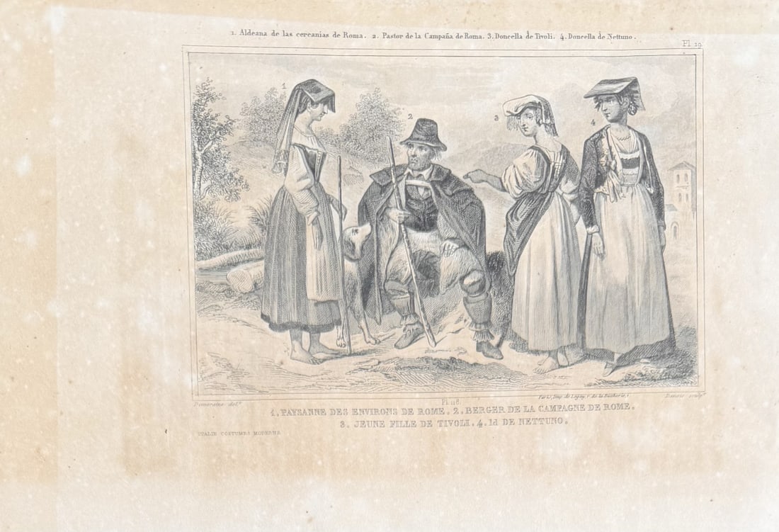 19C French Engraving "Italie Costumes Moderne": 19th Century French engraving titled "Italie Costumes Moderne", depicting traditional Italian figures from the Roman countryside, including a peasant woman, shepherd, and young women of Tivoli and