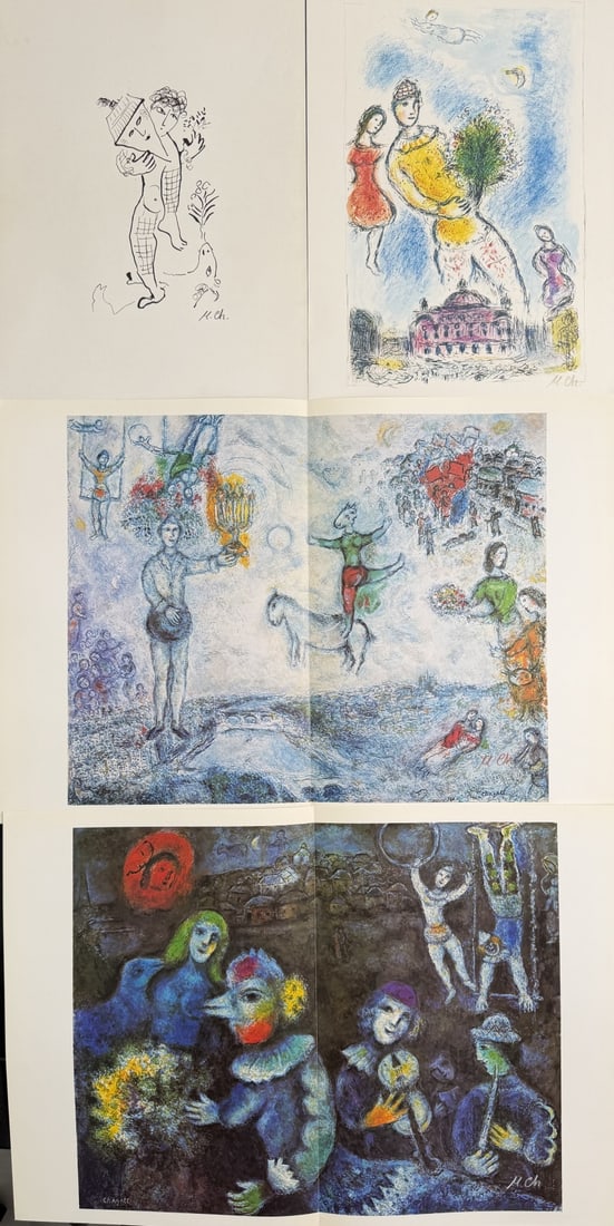 4pc Marc Chagall "Derriere Le Miroir" 81, 77, 79: 4 Pieces March Chagall Original Lithographs from "Derriere Le Miroir". Dates included (1) two sided, single page 1981, (1) two sided, single page 1977, (2) double page, two sided, folded at center