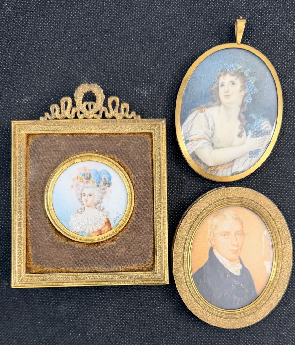 3pc 1800s Picture Frames Brass Enamel on Porcelain: 3 Pieces picture frames with hand painted pictures from the 1800s, (1) Marie Antoinette enamel on porcelain, signed Dzea, frame measures 3.5" x 4.5", (1) Regency or Napoleonic era (circa 1810) oval ha