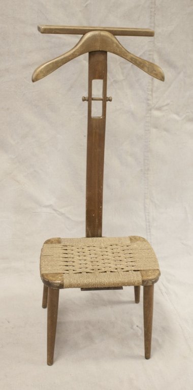 Butler Valet Chair w/ Woven Seat &Brass Pants Rack: Butler Valet Chair with Woven Seat, Brass Pants Rack, and hanger. Measurements: 18 x 18" x 43" Period: Mid Century Artist: Italian