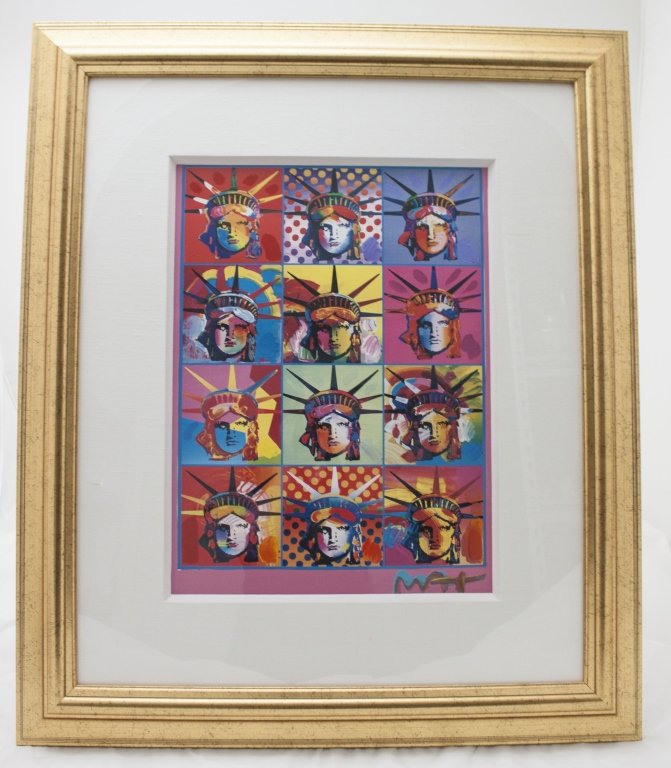 Peter Max "Liberty and Justice For All" Painting: Peter Max "Liberty and Justice For All" Mixed Media Painting. On poster board hand signed in acrylic. Art Work Measures 17" x 23" Frame Measures 33.5" x 39.5"" Measurements: See Description Period: 19