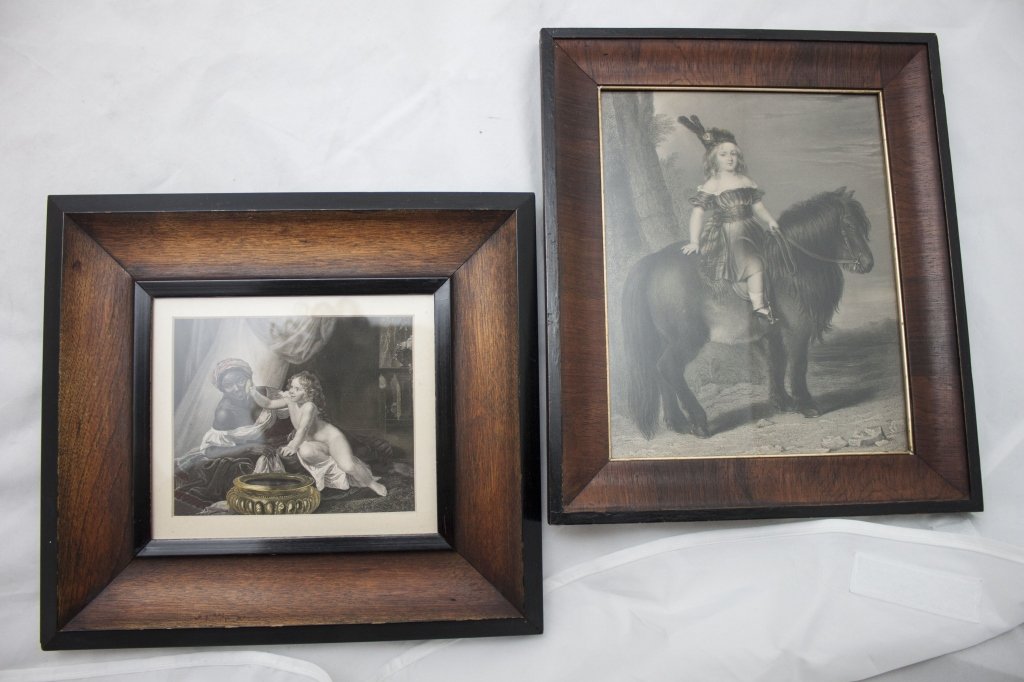 2 19th Century Wood Block Engravings: Two 19th Century Wood Block Engravings. Depicting a Child with Slave hand tinted and the other Depicting a young child on a pony. In mahogany and ebonized frames. Child w/ Slave Art Measures 5.75 x 4.
