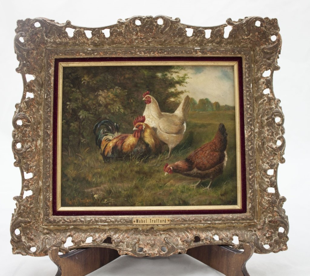 19thC Mabel Trafford Pastoral Painting of Poultry: 19th Century Mabel Trafford Pastorial Painting Oil on Canvas of Chickens with Bantam Rooster, 'English Poultry' Art Measures 11 x 9" Frame Measures 16" x 14" x 2"" Measurements: See Description Period