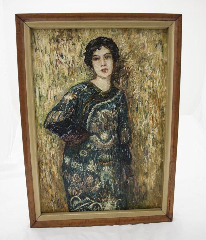 Art Deco Self Portrait of Woman: Art Deco Self Portrait of Woman. Reported to be a Senators Daughter Painted while Under Psychiatric Care. Thin Spot in Canvas. Art Measures 19.5 x 28.5" Frame Measures 23" x 32" x 1.5"" Measurements: 