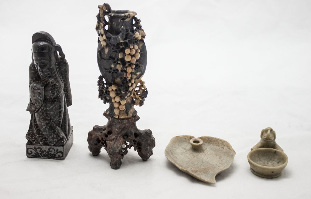 Qing Dynasty Figural Soapstone Carvings,Vase&Tray: Qing Dynasty Figural Soapstone Carvings,Vase & Trays. Vase Depicts Squirrels Feeding on Grapes. Measures 4 x 3" x 9" Figural Carving of Confucius" Measures 2.25 x 2.25" x 7" Tray with Elephant Measure