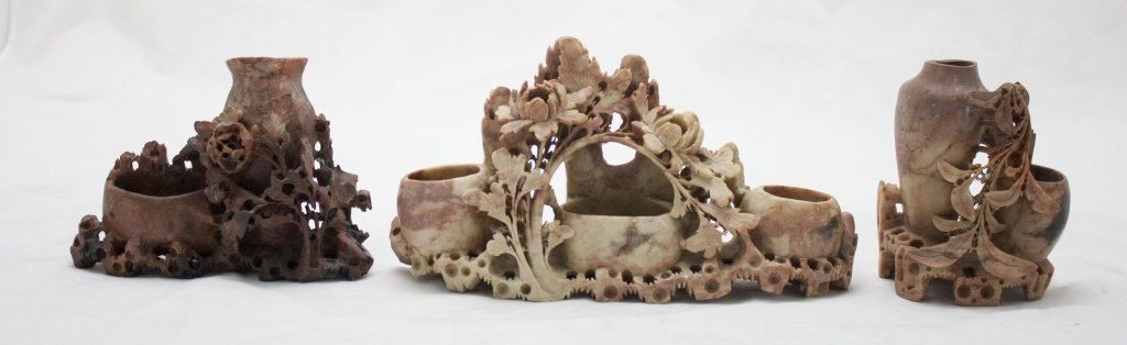 3 Qing Dynasty Hand Carved Soapstone Floral Vases: Group of 3 Qing Dynasty Hand Carved Soapstone Floral Vases. Large 3 Pot Vase Measures 11 x 3" x 6.5" Umber Vase Measures 7.3" x 2.5" x 5.5" 2 Pot Vase Measures 4.2" x 3" x 6"" Measurements: See Descri