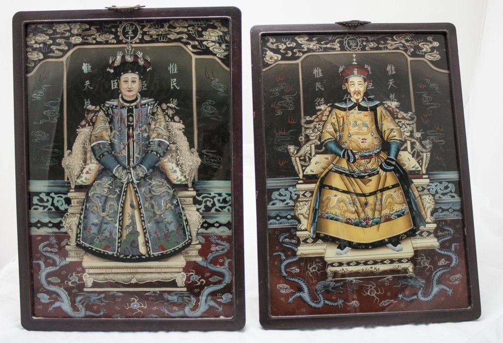 Pair of Reverse Painted Glass Ancestor Portraits: Pair of Reverse Painted Glass Ancestor Portraits in Antique Frames. Measurements: 19.5 x 27.5" x 1"" Period: Mid Century