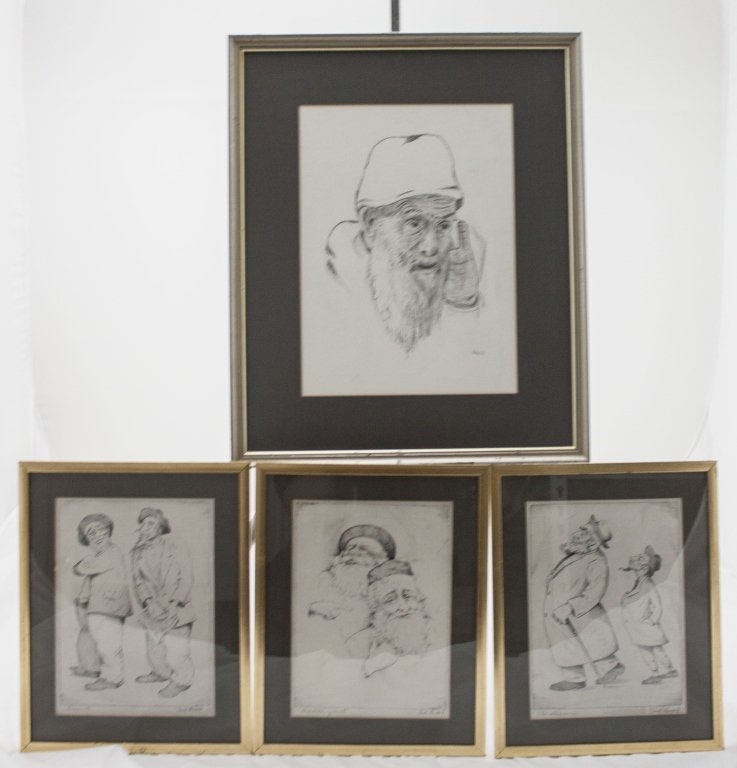 1 Pencil Sketch & 3 Lithographs of Jewish Life: 1 Pencil Sketch & 3 Lithographs of Jewish Life. H Schutz Pencil Sketch Art Measures 15 x 11" Frame Measures 18.5" x 22" x 1" Sal Model Lithographs" Art Measures 8 x 11" Frame Measures 12" x 15" x 1"" 