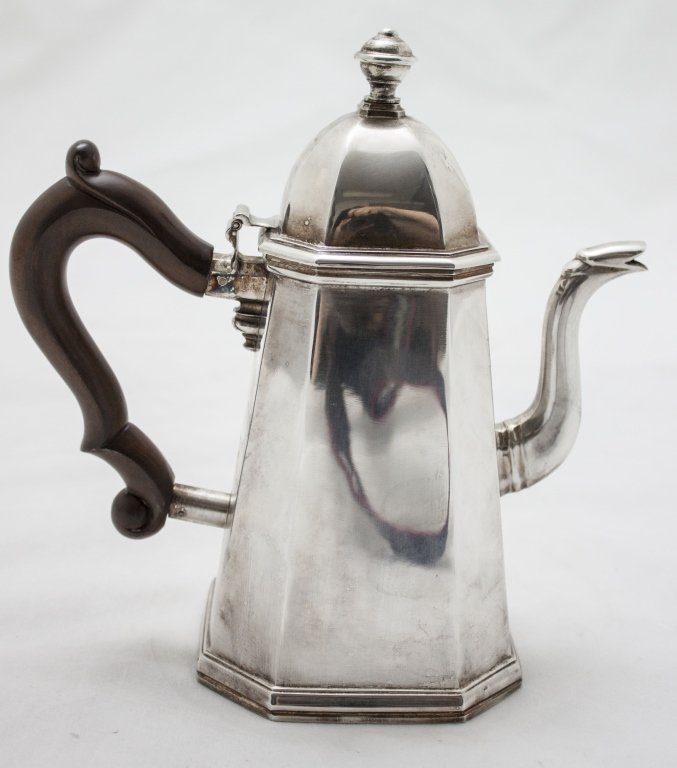 Sterling Italian Coffee Pot w/ Wooden Handle: Sterling Silver Italian Coffee Pot with Wooden Handle. Stamped 800 with Griffin Makers Mark. Measures 8 x 4" x 8.5"" Measurements: 23.6 ozt. Period: Early 20th Artist: Griffin