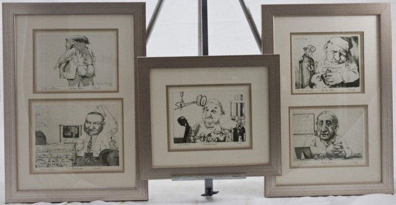 5 Charles Bragg Doctor Caricatures 1st Edition: 5 Charles Bragg medical professional engravings of various Doctors. Framed and matted in three Frames Measurements: 7.5" x 6" Period: 1970's Artist: Charles Bragg
