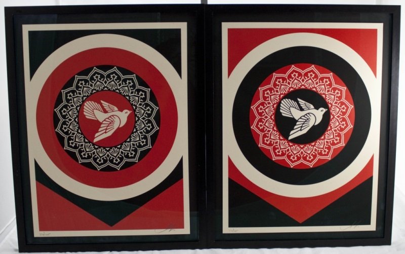 2 Shepard Fairey Pop Art Signed Lithographs: Pair of Frank Shepard Fairey pop art signed lithograph opposite pairs. The institute of Contemporary Art, Boston calls him one of today's best known and most influential street artists. His work is in