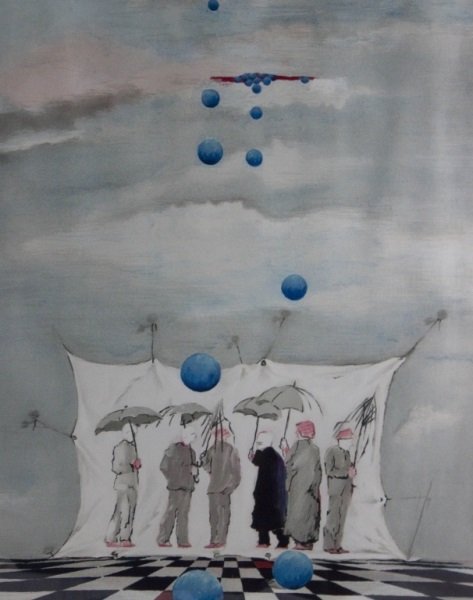 Lea Levi 1960's Lithograph: Lithograph of people holding umbrellas and large raindrops. Measurements: See description Period: 1960's