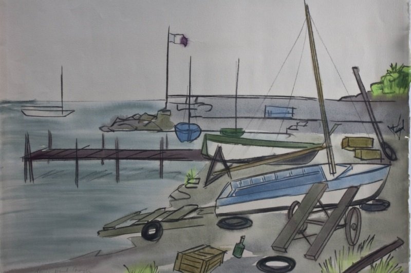 1966 Harbor Watercolor/Charcoal Dennis Paul Noyer: 1966 Harbor scene watercolor and charcoal on paper by Dennis Paul Noyer. Measurements: 26" x 20" Period: 1966 Artist: Dennis Paul Noyer