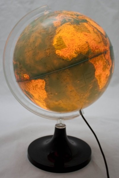 Nova Rico Rand McNally Physical Political Globe: Nova Rico Rand McNally Physical Political Globe, internal light with Lucite frame. Measurements: 11' dia x 18" Period: 1982 Artist: Rand McNally