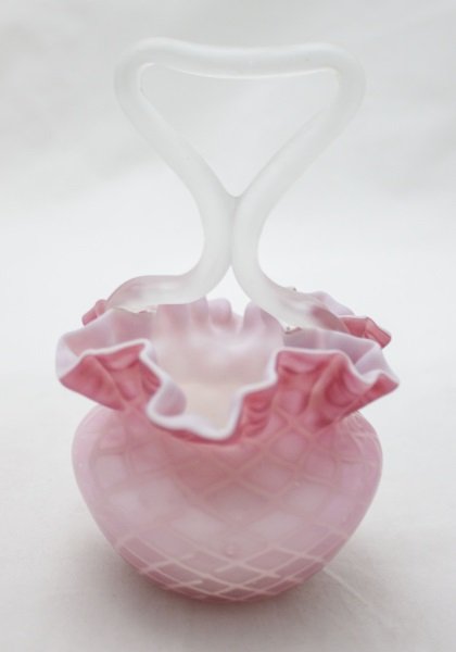 Webb Pink & White Satin Glass Ruffled Basket: Thomas Webb Victorian Era art glass pink and white satin ruffled brides basket with applied frosted glass handle and cased white interior. Has diamond quilted decorations. No chips or cracks- handle i