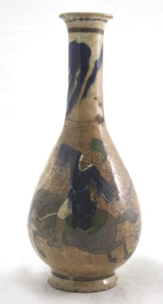 18thC Signed Persian Vase w/ Deer Hunting Scene: 17/18th Century Iranian vase decorated with a hunter on horseback shooting deer with an bow and arrow. Signed on base in Arabic. Measurements: 5.5"dia x 13" Period: 17/18th Century Artist: Persian