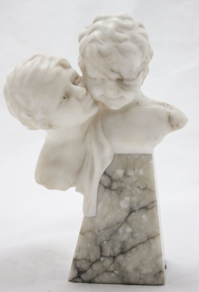 Marble & Alabaster Romulus & Remus Bust: 19th C Alabaster Romulus & Remus Childhood Bust on a Marble Pedestal Measurements: 7.5" x 3.5" x 11.25" Period: 19th Century