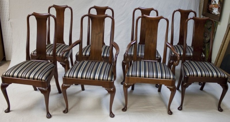 7 Biggs Mahogany Queen Ann Chairs: 7 Biggs mahogany Queen Ann chairs; 2 arm chairs measure 23" x 23" x 39.5" 6 side chairs measure 21" x 23" x 39.5" Measurements: See Description Period: 1940's Artist: Biggs