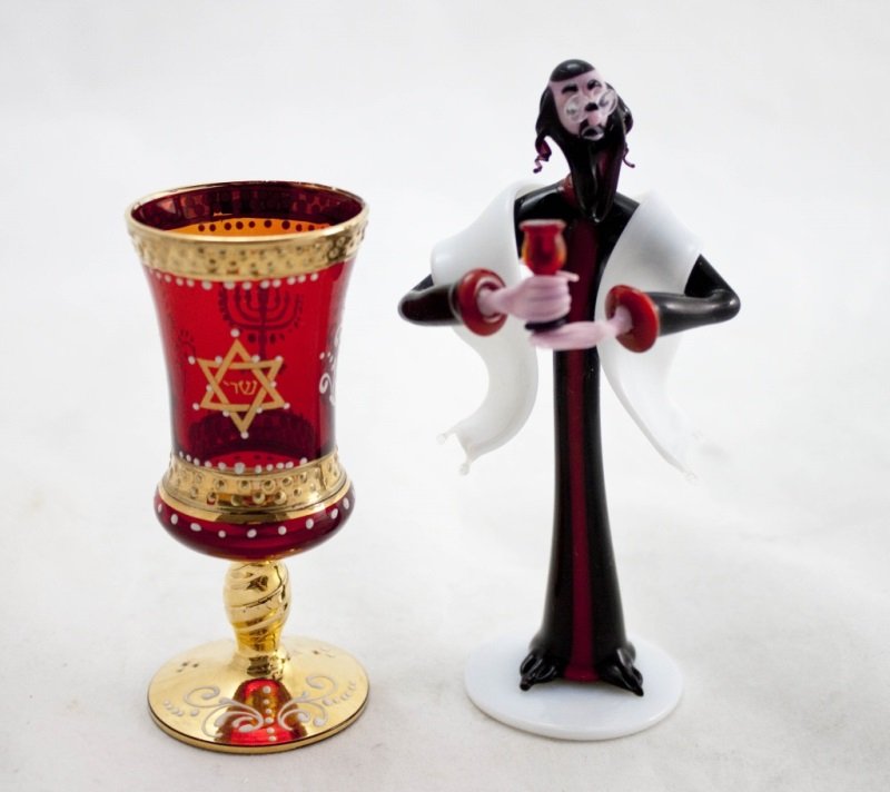 Art Glass Rabbi w/ Murano Ruby Glass Kiddush Cup