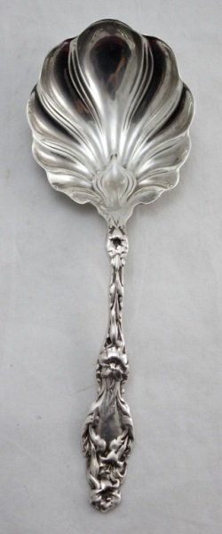 19thC Whiting Lilly Pattern Sterling Serving Spoon: 19th century Whiting repousse Lilly pattern with shell form serving spoon Sterling silver weight 3.6 oz t Measurements: 3" x 9" Period: Victorian Artist: Whiting