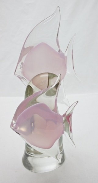 Elio Raffaeli Murano Art Glass Fish Sculpture: Large Elio Raffaeli Murano submurso art glass sculpture group of two angel fish mounted on a clear glass wave. Dimensions: 7" x 6.5" x 20" Period: 1960's Artist: Elio Raffaeli