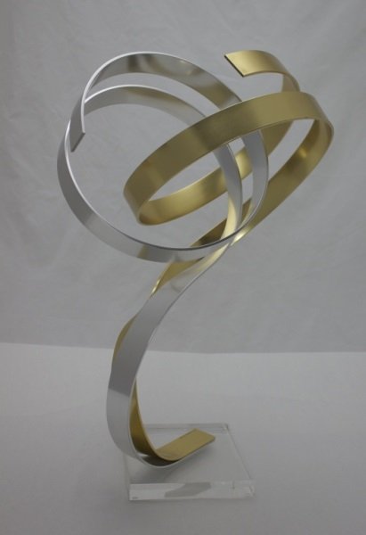 Lucite & Anodized Aluminum Sculpture b Dan Murphy: Lucite and anodized aluminum with brass and chrome finishes mounted on a Lucite plinth. Origional sculpture signed by Dan Murphy and dated 1986. Dimensions: 14.5" x 12" x 23" Period: 1986 Artist: Dan